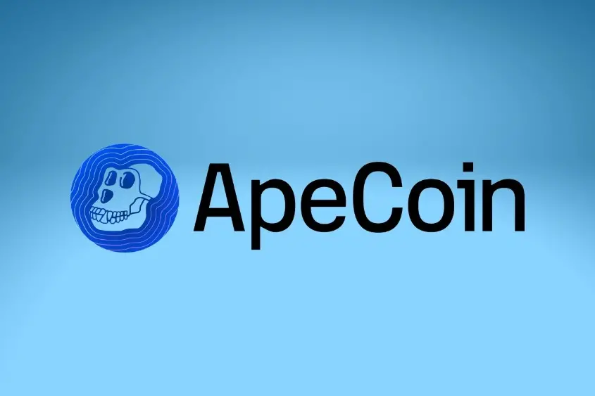 ApeCoin Bored Ape Yacht Club logo on blue background.