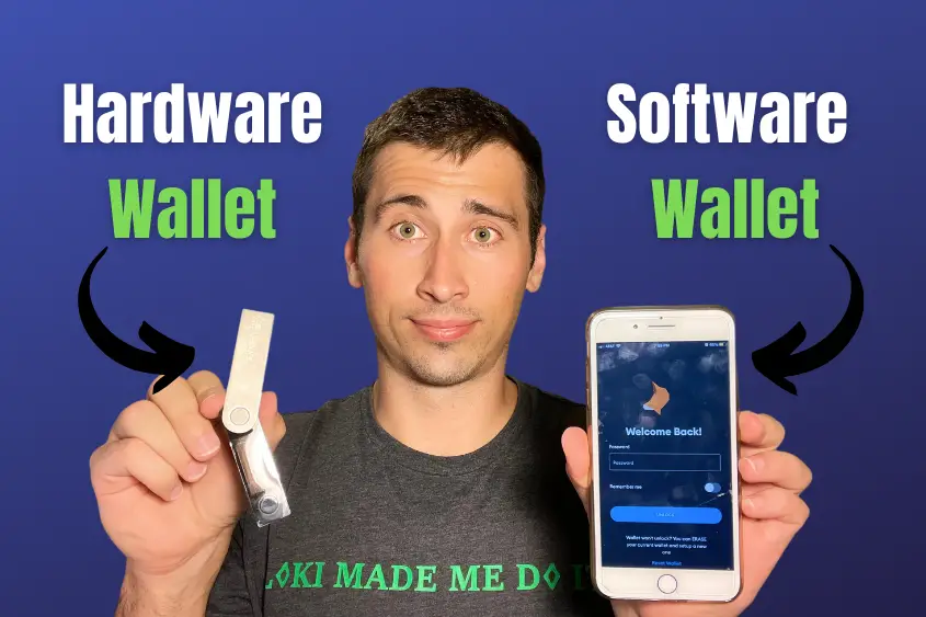 Holding my hardware wallet and software wallet.