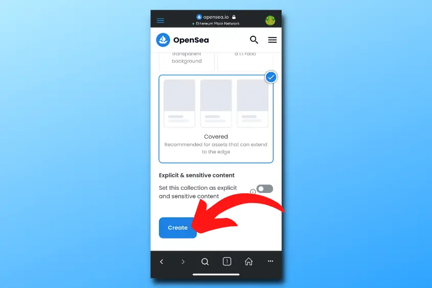 Tap create to publish your Opensea NFT collection.