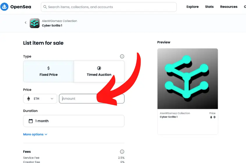 Choose the price and listing method for your Opensea NFT.