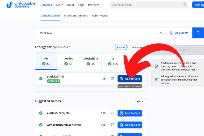 Add the Unstoppable Domain to your cart to purchase it.