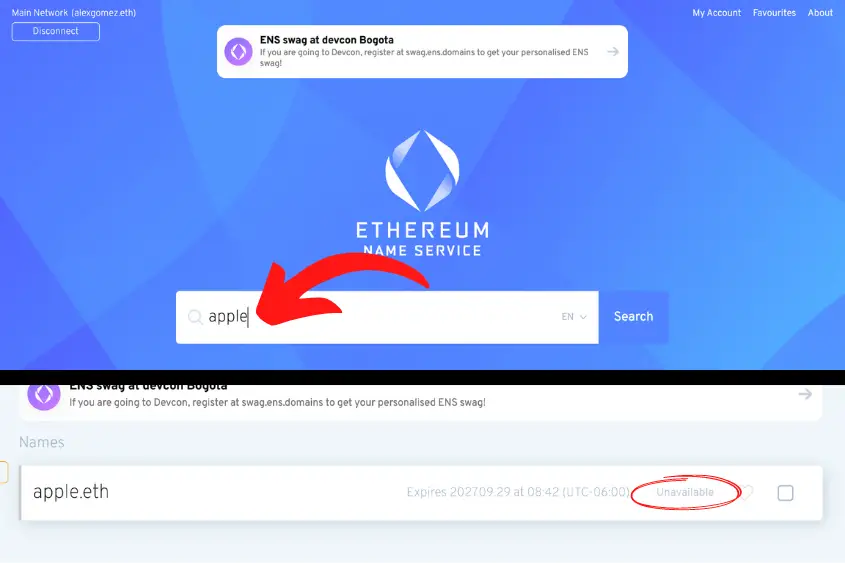 Enter your desired ENS name in the search bar to see if it's available.