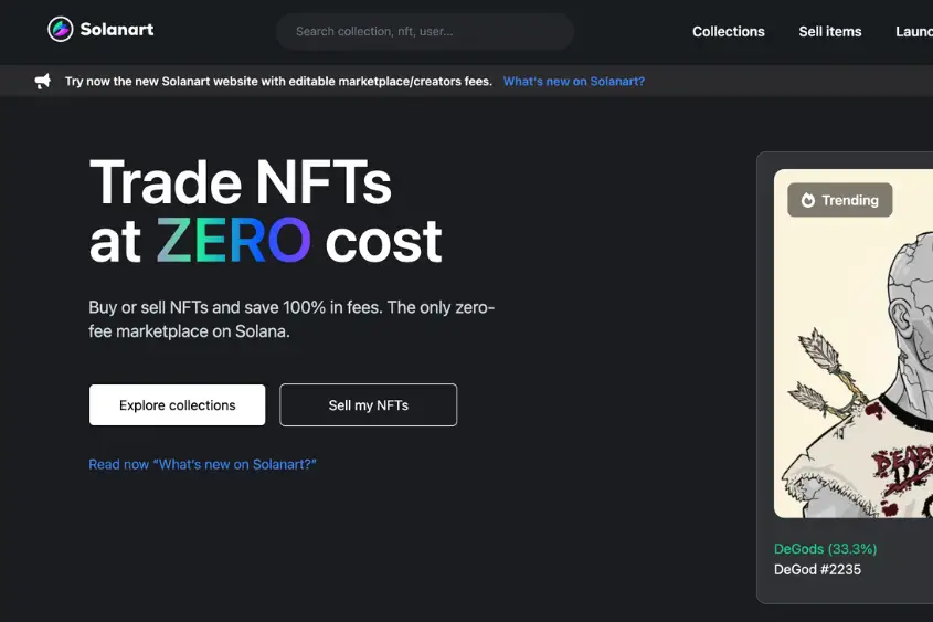 Solanart NFT Marketplace homepage has numerous features.