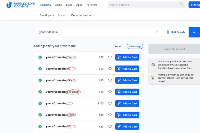 There are numerous NFT domain endings to choose from.