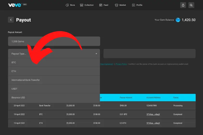 To cash out Gems for crypto, choose your preferred crypto payout method.