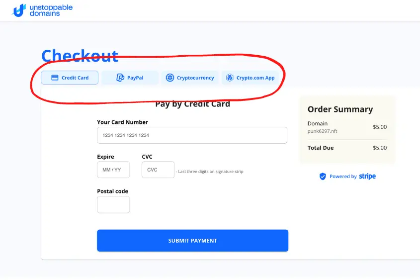 Unstoppable Domain offers four payment options.