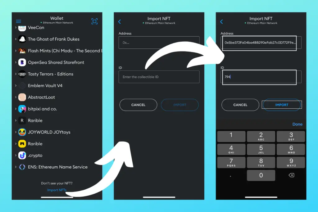 Importing my NFT in the Metamask app.
