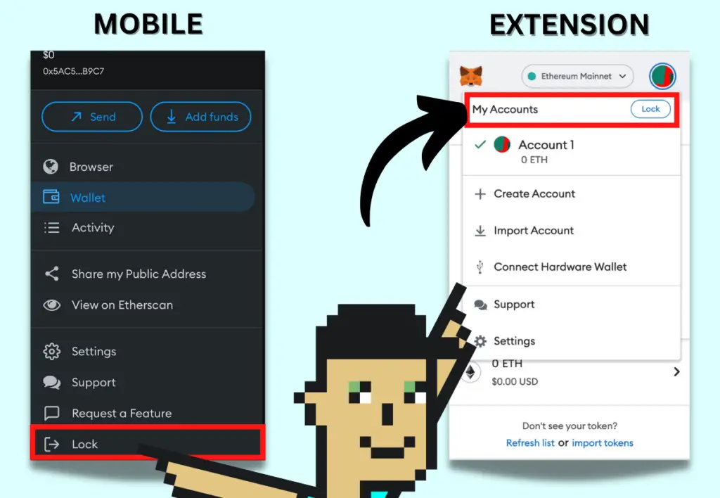 How to lock MetaMask wallet on mobile and the extension.