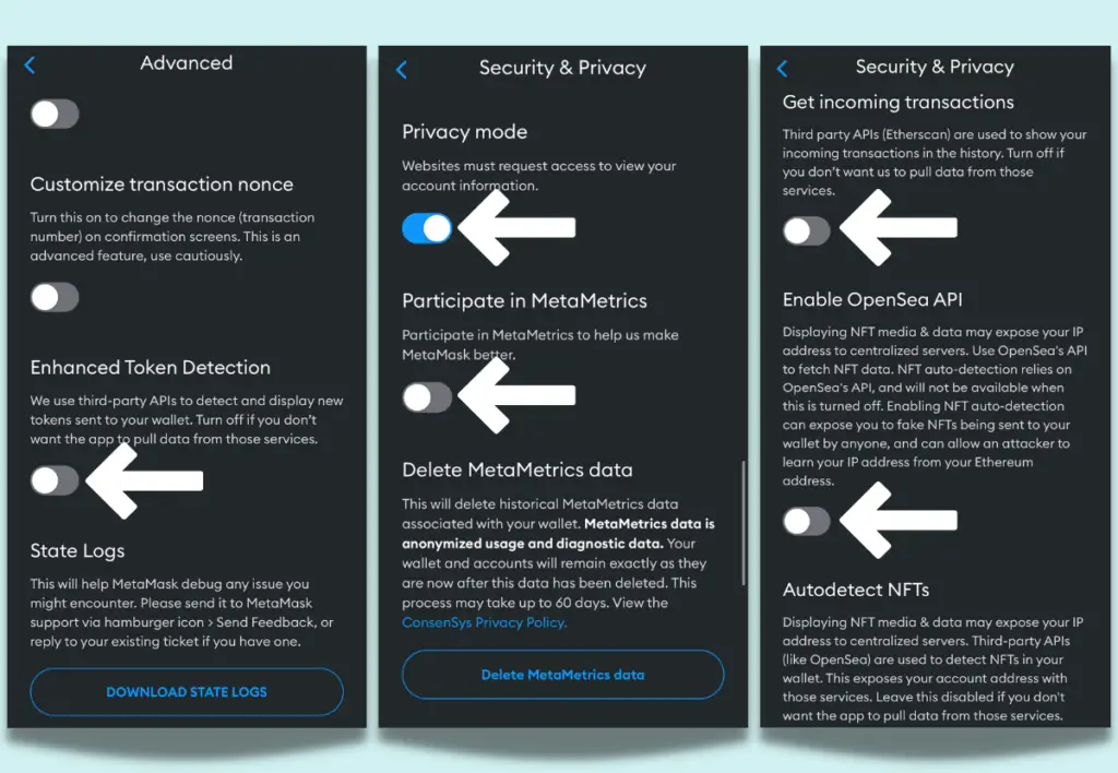 MetaMask recommended security settings.