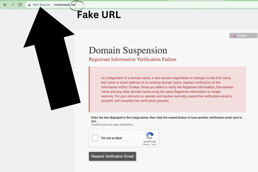 Not Secure and fake Metamask website.