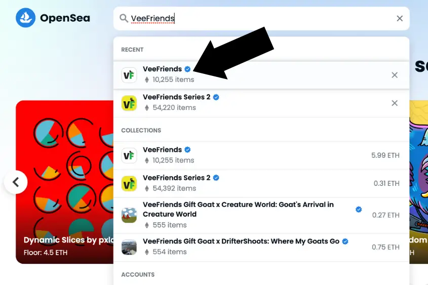 Searching for an NFT collection on Opensea