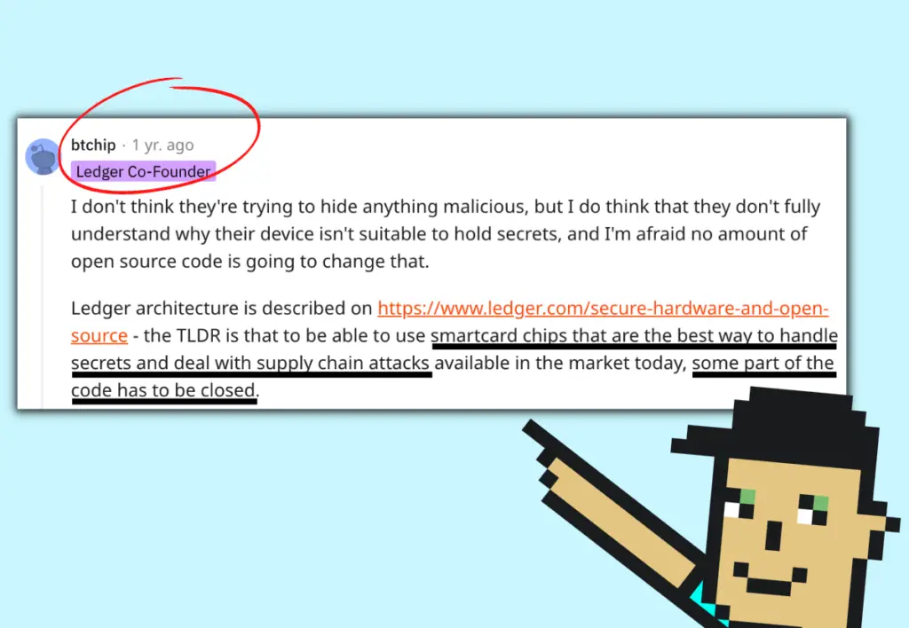 Reddit thread featuring Ledger's co-founder, Nicolas Bacca, talking about why Ledger is not open source.