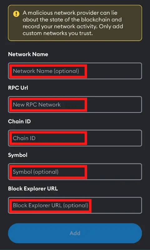 MetaMask Network details page.