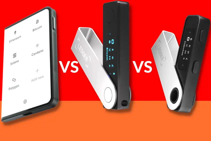 Ledger Stax vs Nano X vs Nano S Plus compared side-by-side.