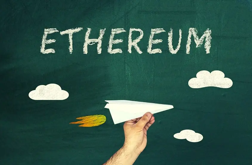 Ethereum above a paper airplane with flames