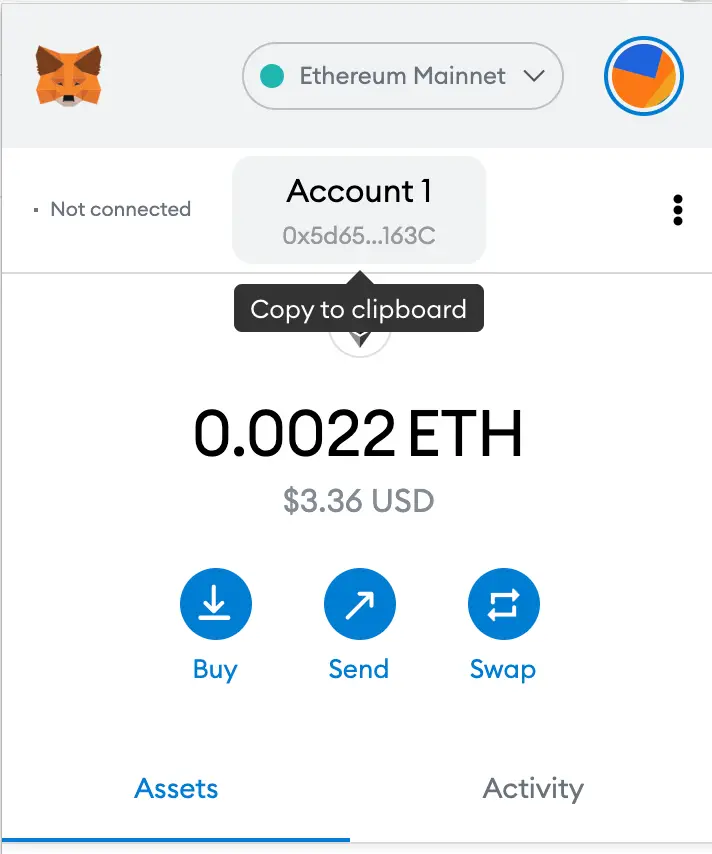 Buy NFT. A picture of the MetaMask home screen once you are logged in.