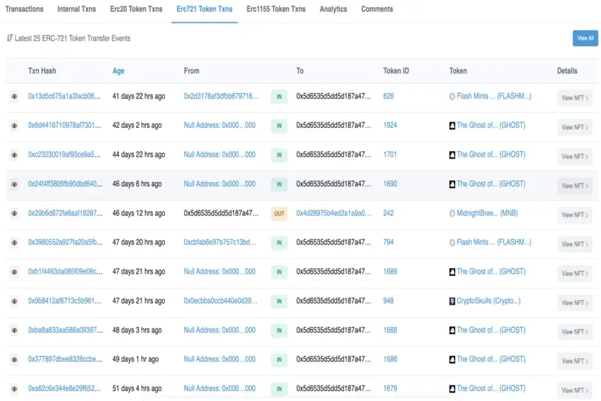 View NFTs. A screenshot of ERC-720 NFTs using Etherscan.io