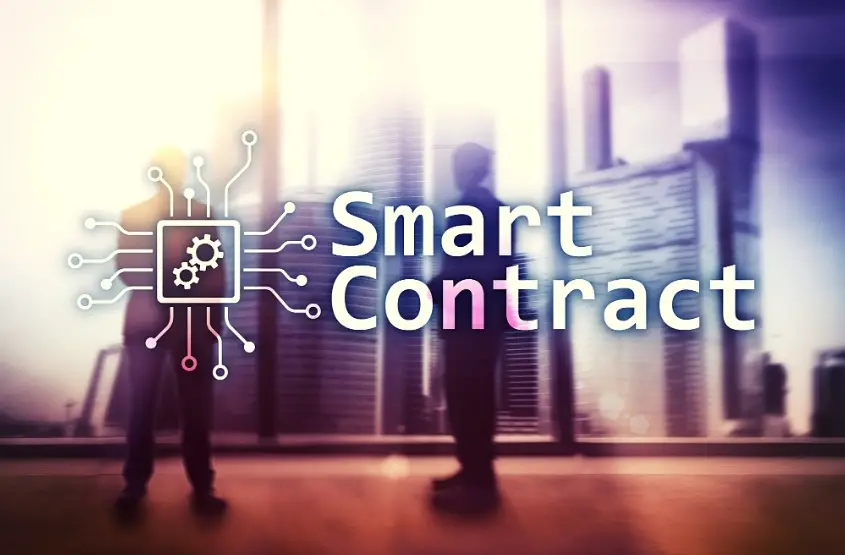 Two business men standing with the words smart contract