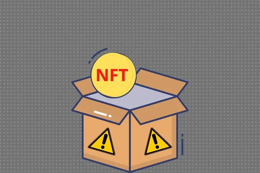 NFT airdrop. A box with warning labels on the side and an NFT rising out of the box. Always be cautious when receiving an NFT airdrop.