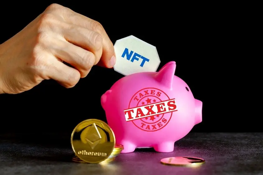 NFT taxes. An NFT being inserted into a piggy bank.