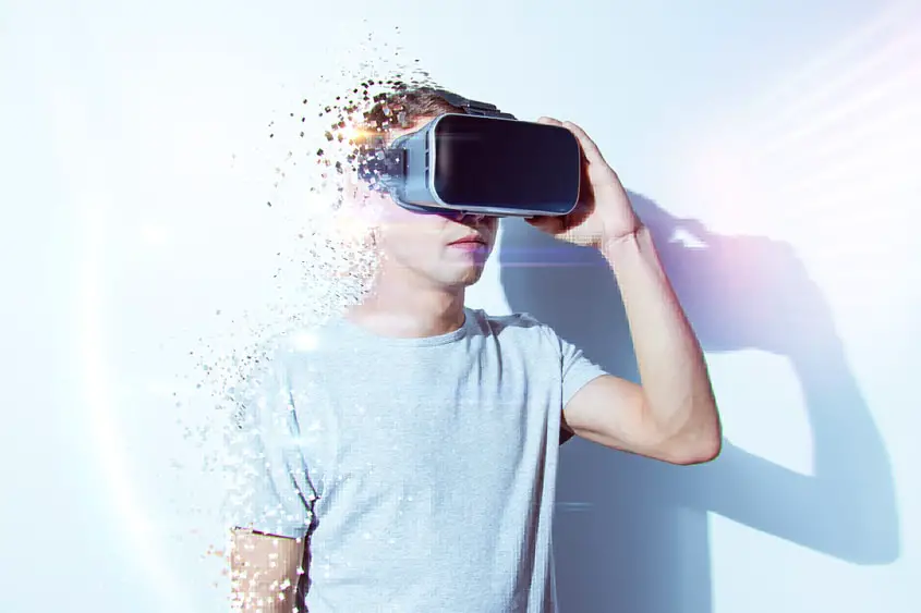 A man using teleportation to travel in the metaverse. 