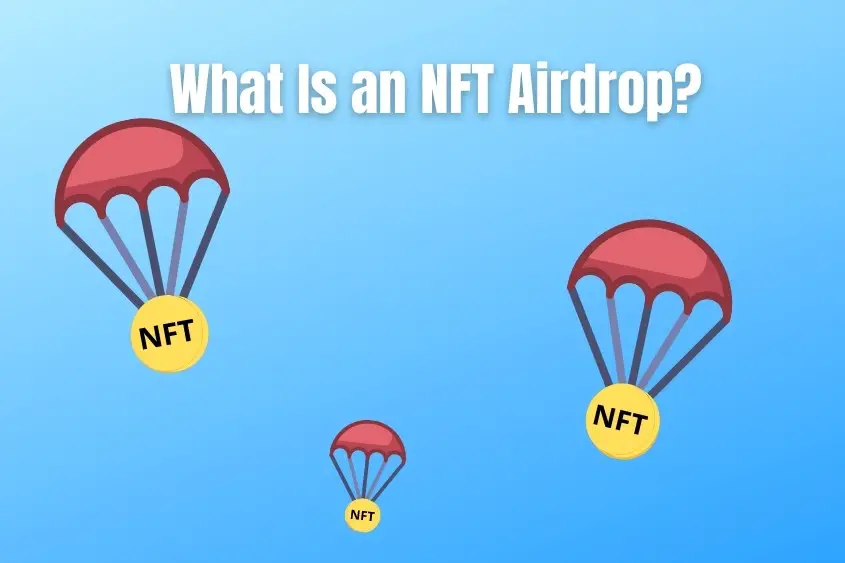 NFT airdrop falling from the sky. Several parachutes with an NFT attached dropping from the sky.