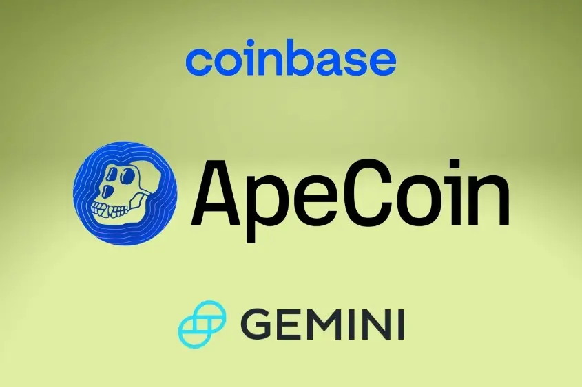 ApeCoin Coinbase and Gemini logos on a green background.