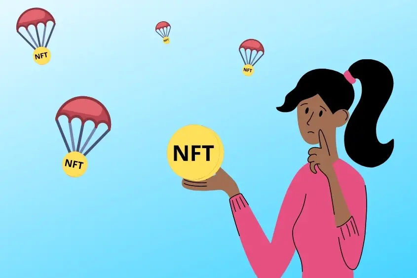 NFT airdrop. A woman holding an NFT with more NFT airdrops falling behind her. 