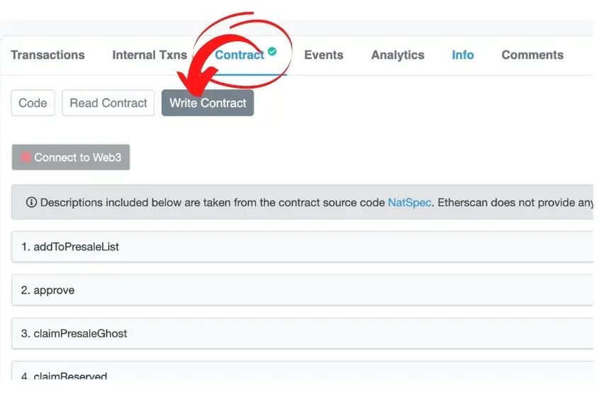 Mint an NFT on Etherscan. Go to the Contract tab and then select write contract.