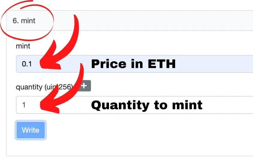 Minting an NFT on Etherscan. Select write, then enter the mint price in ETH and the QTY you want to mint.
