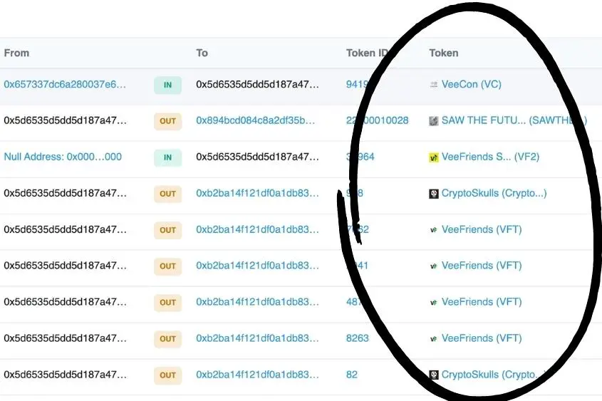 Search for NFTs in a wallet using Etherscan.