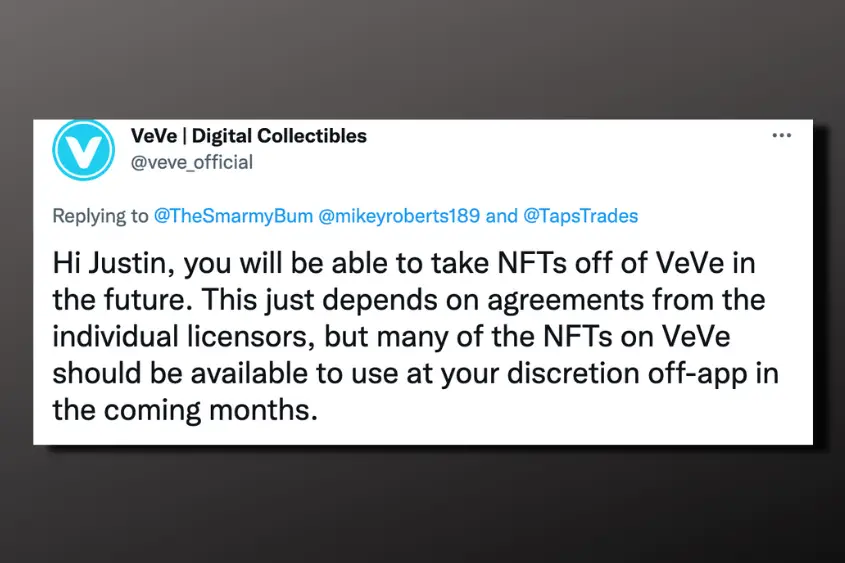 According to Veve, there is a possibility that you will be able to take NFTs off of Veve in the future.