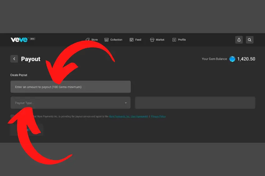 To withdraw Veve Gems, you'll need to choose your payout method (fiat or crypto?)