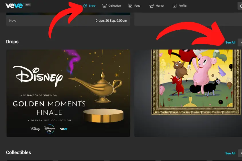 You can view upcoming Disney NFT drops in the Drops tab.