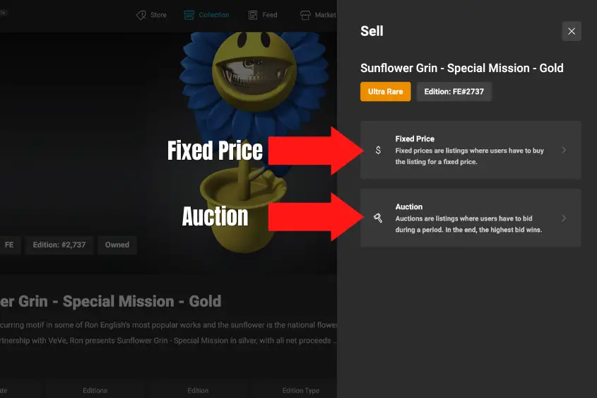 You can list your Veve NFT for a Fixed Price or Auction, there's pros and cons to each.