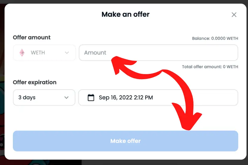 To make a wETH offer on Opensea, you can convert your ETH or purchase wETH using a debit card.