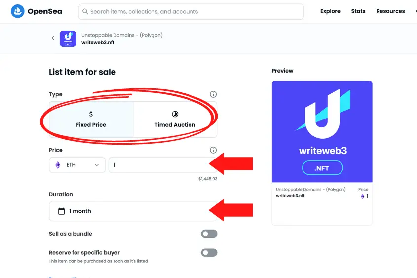 Easily list your Unstoppable NFT domain on Opensea.