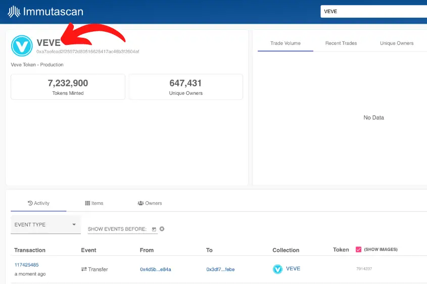 You can view all Veve NFTs and transactions of Immutascan.