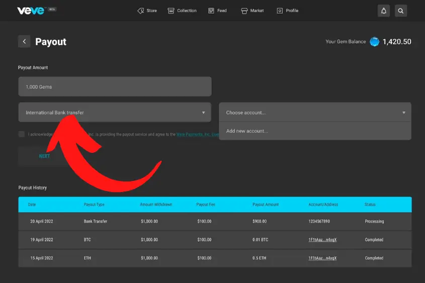 To withdraw Gems into your bank account, add your bank account information.