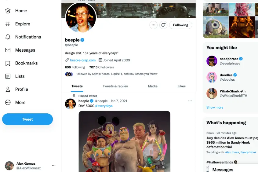 NFT artist Beeple's Twitter page with over 700 thousand followers.