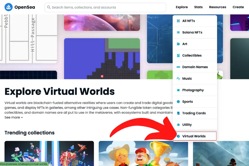 Opensea NFT marketplace virtual world page