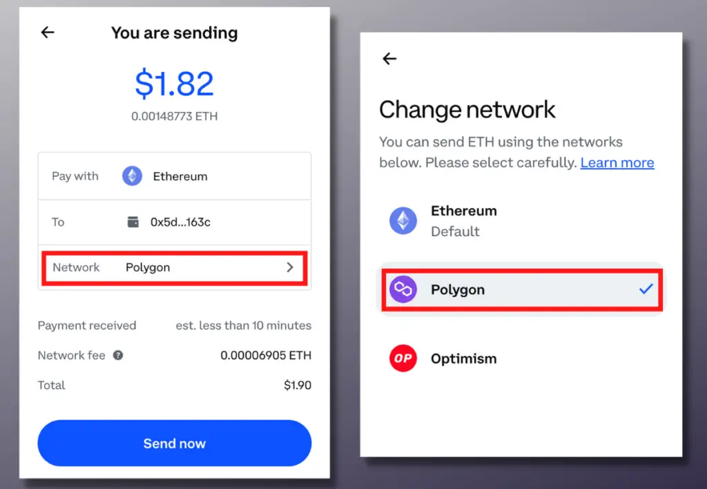 Changing the sending network to Polygon.