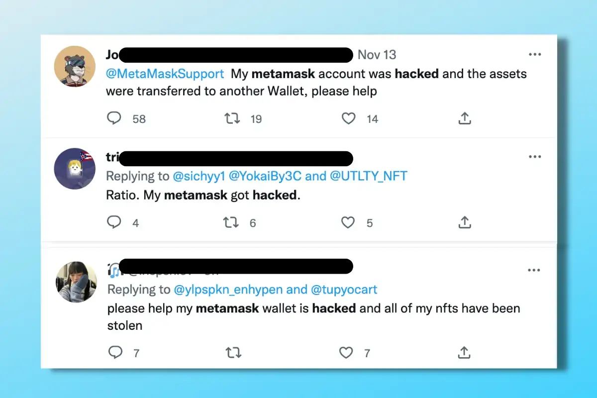 Twitter complaints regarding Metamask account hacks.