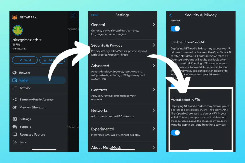 How to turn on autodetect NFTs in Metamask.