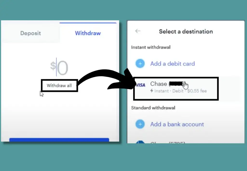 Withdraw tab and select a destination tab on Coinbase.