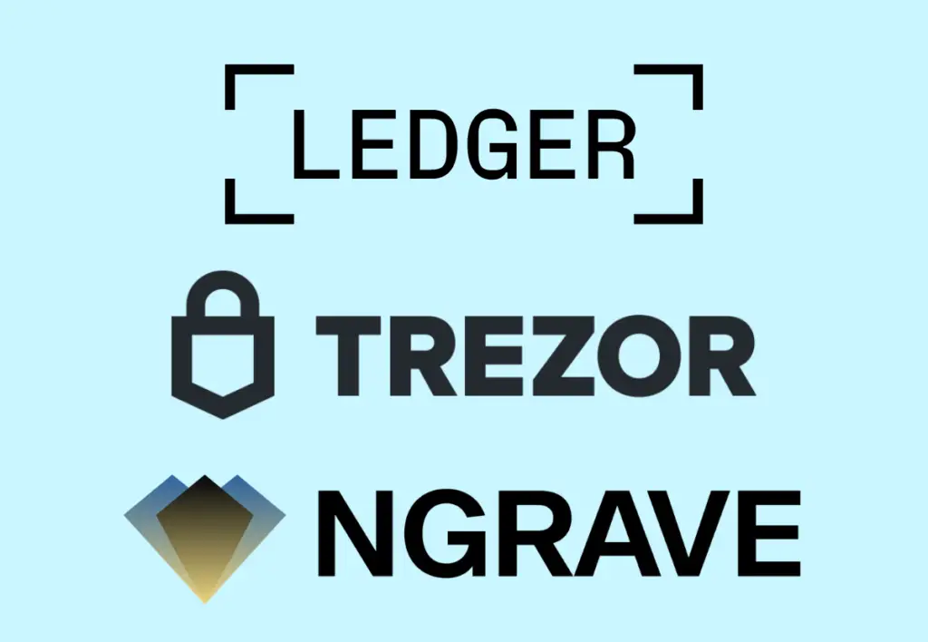 Ledger, Trezor, and NGRAVE hardware wallet logos.