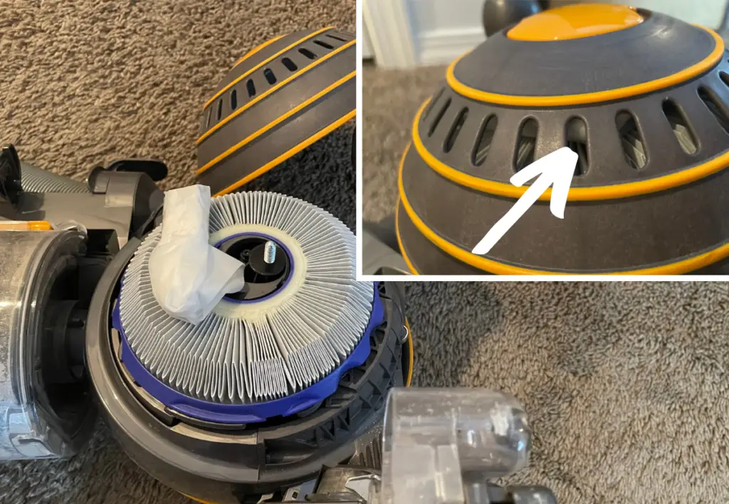 A Dyson vacuum opened with a hardware wallet stashed in it.