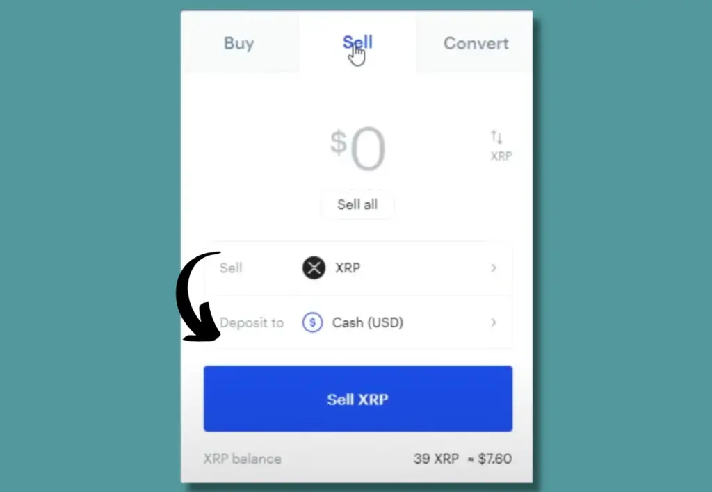The sell popup screen on Coinbase.