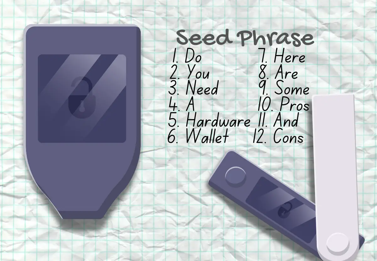 Two hardware wallets on a piece of paper with a seed phrase.