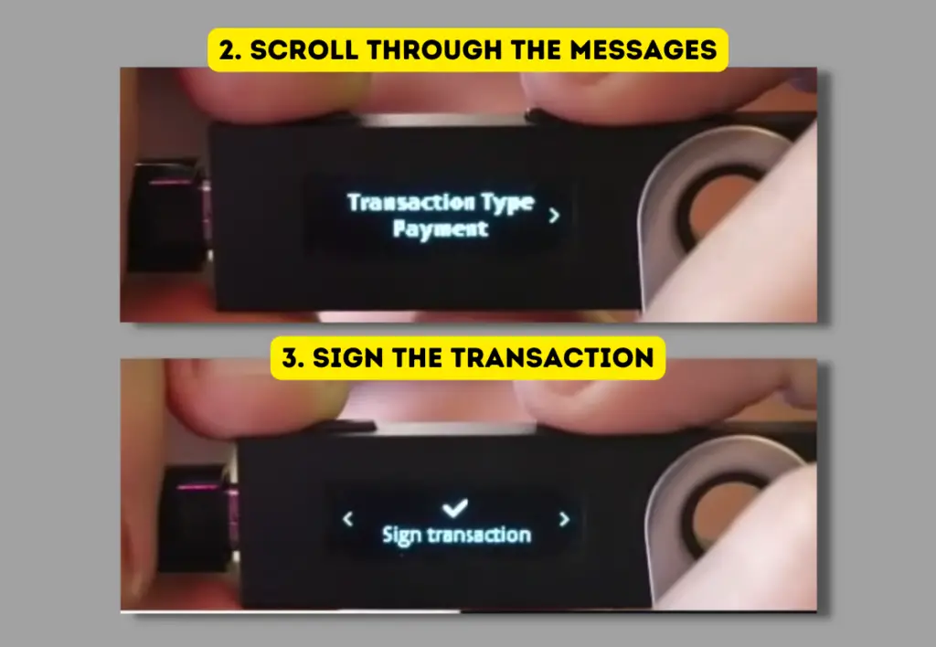 Ledger wallet screen displaying "Sign Transaction".